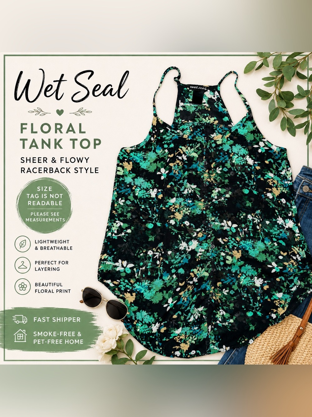 Wet Seal Y2K Sheer Floral Halter Tank Top Boho Swing Cami Size Unknown